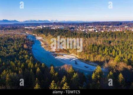 Isar, nature reserve Isarauen, Geretsried, alpine chain, drone shot, Upper Bavaria, Bavaria, Germany Stock Photo