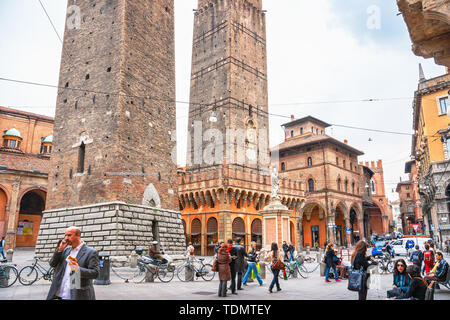 View to Piazza di Porta Ravegnana, statue of St Petronius and Two Towers (Le Due Torri). Bologna, Italy Stock Photo