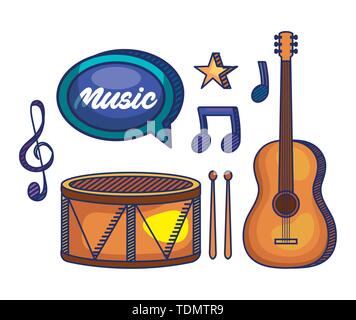 set of drum with guitar and treble clef with quaver and beam notes Stock Vector