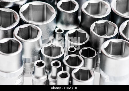 Made from advanced quality chrome vanadium steel. Strength durability and corrosion protection. Tools for repair. Chrome mechanics tools set. Shop socket sets hand tools. Wide range of metric sockets. Stock Photo