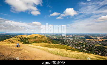 A view of North Hill and Great Malvern from the Worcestershire Beacon summit, Malvern Hills, Worcestershire, England Stock Photo