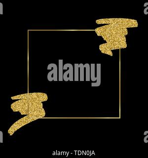 Gold Texture Paint Stain Frame Illustration on black background. Hand drawn brush stroke vector design element. Shining abstract Golden background for Stock Vector