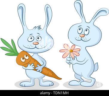 Cartoon Rabbits, Funny Characters with Carrot and Flower, Isolated on White Background. Vector Stock Vector