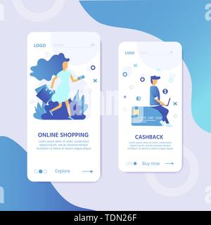 Landing page template for online Shopping with flat people characters and bags. Concept for website banner, mobile app templates, e commerce sales, di Stock Vector