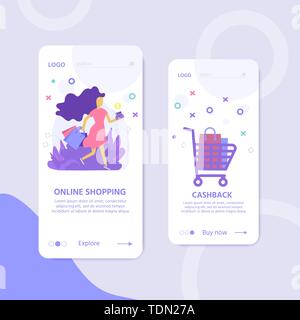 Landing page template for online Shopping with flat people characters and bags. Concept for website banner, mobile app templates, e commerce sales, di Stock Vector