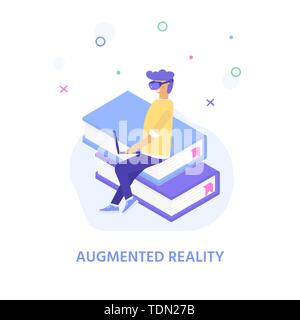 Virtual reality concept for landing page design with character  wearing goggle headset and touching vr interface, learning and interacting with imagin Stock Vector