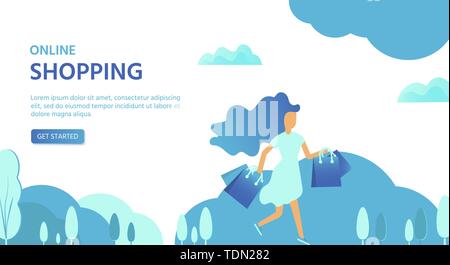 Landing page template for online Shopping with flat people characters and bags. Concept for website banner, mobile app templates, e commerce sales, di Stock Vector