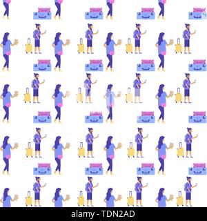 Seamless pattern of different types of baggage, luggage, suitcase on white background. Flat style vector illustration. Set of tourism and traveling ic Stock Vector