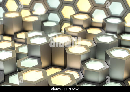 Golden hexagonal metallic background, three-dimensional rendering Stock Photo