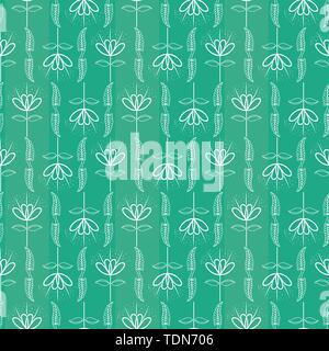 Hand drawn white leaves and flowers geometric design with subtle stripes. Seamless vector pattern on vibrant turquoise background. Great for wellness Stock Vector
