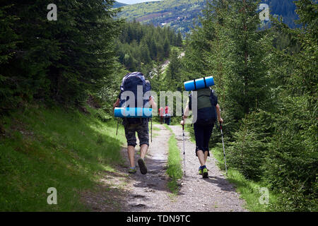 adventure, travel, tourism, hike and people concept - group of friends walking with backpacks from back Stock Photo