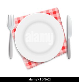 Realistic empty plate, fork and knife served on checkered red napkin vector illustration. Can be used for advertising Stock Vector
