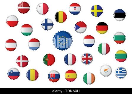 Bottle caps with different flags, the European Union and the countries that it includes. Stock Vector