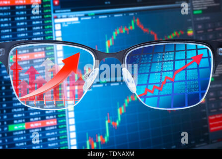 Glasses shows rising courses with financial data in the background Stock Photo