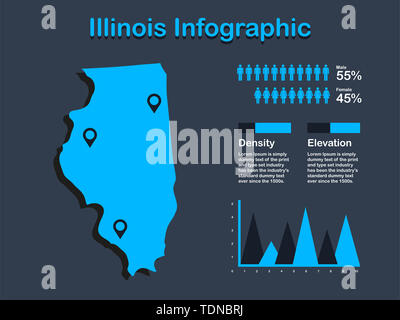 Illinois State (USA) Map with Set of Infographic Elements in Blue Color in Dark Background. Modern Information Graphics Element for your design. Stock Photo