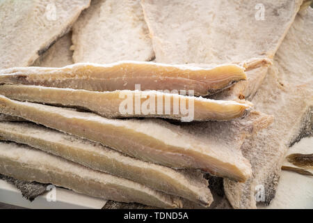 Dried salted cod at farmers market. Typical spanish and portuguese food Stock Photo