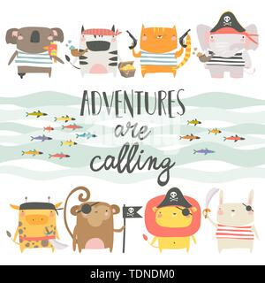 Cute animals with pirate and sailor attributes style Stock Vector