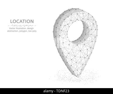 Location pin low poly graphic object, polygonal image navigation, gps icon wire frame vector illustration on white background Stock Vector