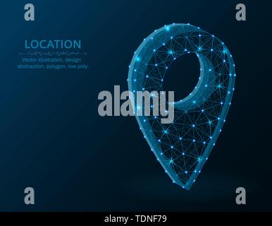 Location pin low poly graphic object, polygonal image navigation, gps icon wire frame vector illustration on a dark blue background Stock Vector