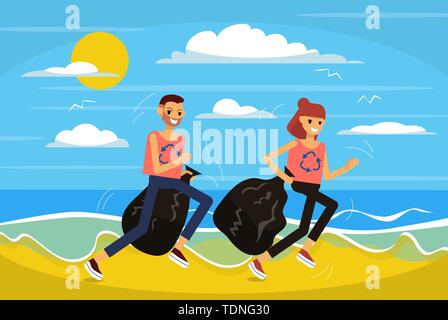 Couple is jogging on the beach picking up litter. Trendy sport plogging which helps to save environment. Flat style stock vector illustration.. Stock Vector