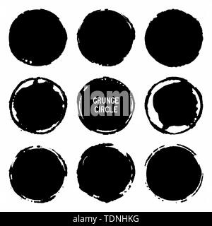 Set of vector grunge circle brush strokes, for frames and design elements. Hand Drawn textures made with ink. Isolated on white background. Stock Vector