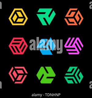 Colorful icons set on black background. Hexagon shaped logo design elements. Abstract hexagonal vector symbols. Stock Vector