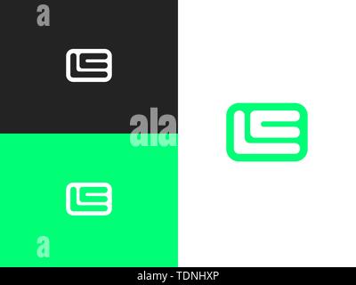 Initial letters L and E rounded square shape monogram green simple logo. Modern logotype, business corporate template. Stock Vector