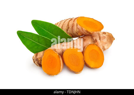 turmeric root and slices isolated on white background Stock Photo