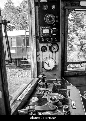 View on the control panel of a retro train in Szentendre, Hungary on a sunny day. Stock Photo