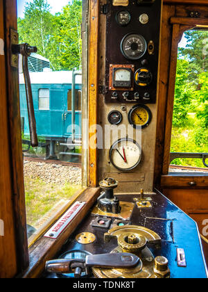 View on the control panel of a retro train in Szentendre, Hungary on a sunny day. Stock Photo