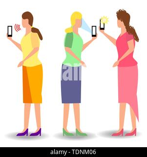 Woman recording video taking photo on phone camera texting making video call reading mail watching phone screen. Smartphone chat app. Live stream vlog Stock Vector