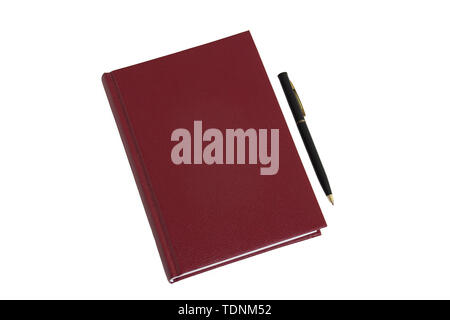 The burgundy notebook and black pen lie on a white table. Task Manager Stock Photo