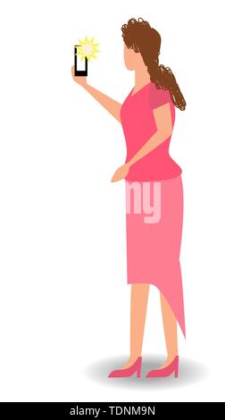 Girl taking selfie, pixel art.Woman recording video taking photo on phone camera texting making video call reading mail watching phone screen. Smartph Stock Vector