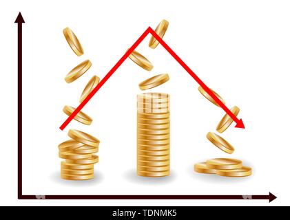 Decreasing piles of coins with going down graph. Concept for financial fall Stock Vector