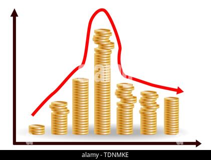 Decreasing piles of coins with going down graph. Concept for financial fall Stock Vector