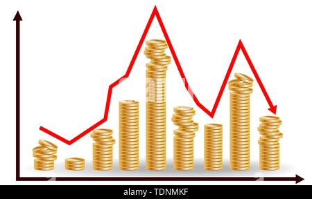 Decreasing piles of coins with going down graph. Concept for financial fall Stock Vector