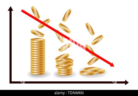 Decreasing piles of coins with going down graph. Concept for financial fall Stock Vector