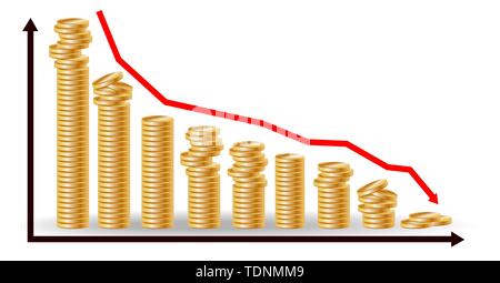 Decreasing piles of coins with going down graph. Concept for financial fall Stock Vector
