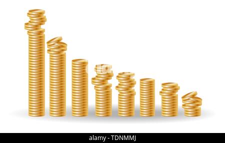 Decreasing piles of coins with going down graph. Concept for financial fall Stock Vector