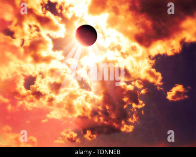 Solar eclipse, moon facing the sun. Sun rays passing through the clouds. God's Rays. It occurs when the shadow cast by the Moon blocks the Sun Stock Photo