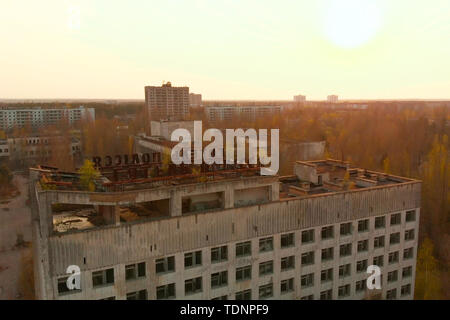 Ghost town of Pripyat. Exclusion Zone. The Chernobyl nuclear power plant. Hotel Polesie. Soviet Union. Abandoned city. Views of the city of Pripyat ne Stock Photo