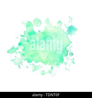 Watercolor blot of aqua with splashes and divorces. Isolated neon green blot on a white background. Green blot drawn by hand. Stock Photo