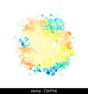 Multicolor watercolor stain round shape. Isolated spot on white background. Yellow, orange, green and blue blots drawn by hand. Stock Photo
