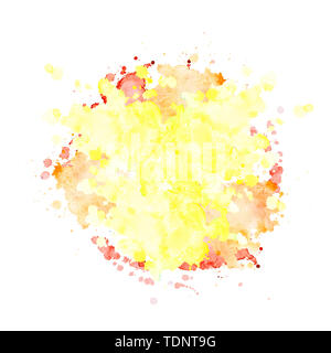 Watercolor spot of pale yellow color with splashes of orange and divorces. Isolated blot on white background. Lemon yellow stain drawn by hand. Round  Stock Photo