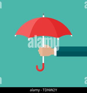 Businessman hand with red open Umbrella. Flat icon isolated on turquoise. Flat design. Vector illustration. Protection and safety symbol. Support and  Stock Vector