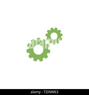 Gears icon isolated on white. Combination of two green pinions. Vector flat illustration for technology or innovation. Eco friendly style. Stock Vector