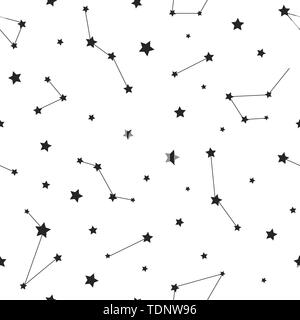 Seamless pattern with black constellations and stars on white background. Vector illustration. Night sky, universe, space. Galaxy background. Cosmos t Stock Vector