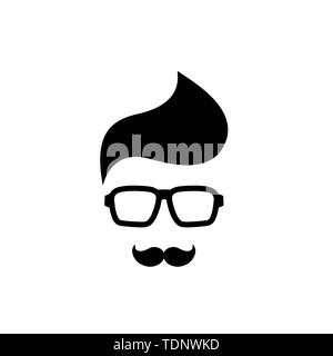 Silhouette of man s head with moustache in hipster glasses. Black simple avatar. Isolated on white. Vector flat illustration. Stock Vector