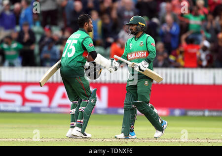 Bangladesh's Shakib Al Hasan (left) and Liton Das celebrate winning the ICC Cricket World Cup group stage match at The Taunton County Ground, Taunton. Stock Photo