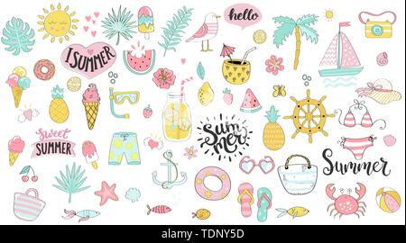 Hello summer collection set flat design on white background. Colorful summer  symbols and objects. 2268059 Vector Art at Vecteezy